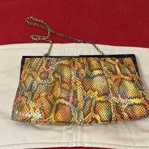Kotur vintage multicolor genuine python skin retro clutch w/chain shoulder strap